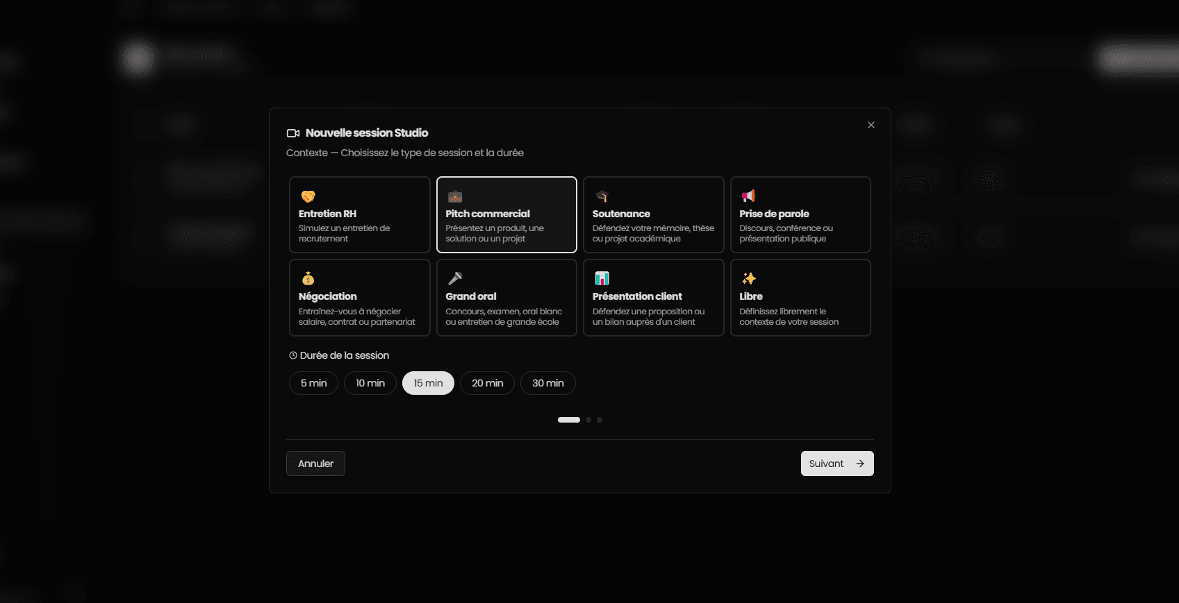 Interface de configuration d'une session Evalyo